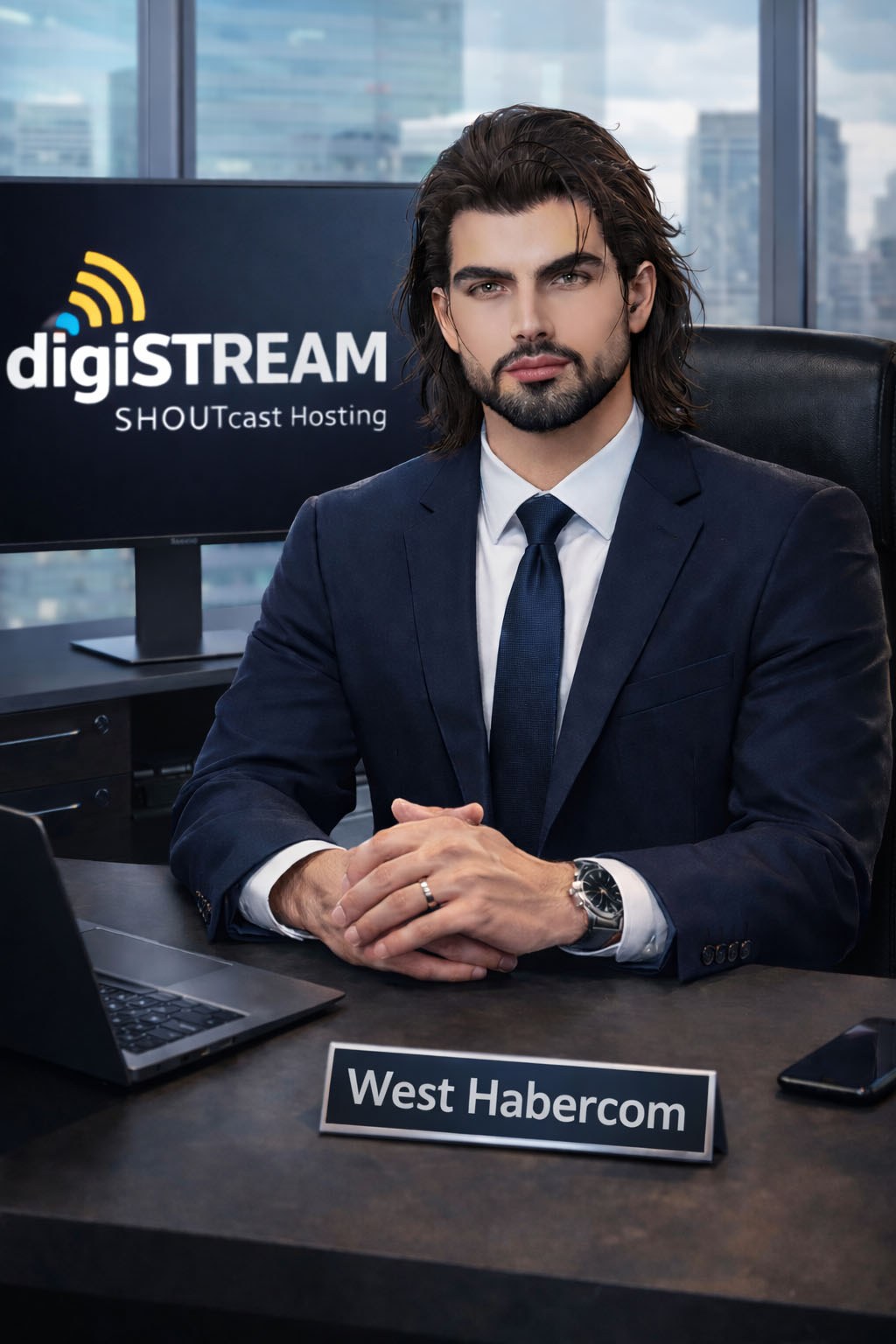 West Habercom seated at his desk in a navy suit, with the digiSTREAM logo behind him